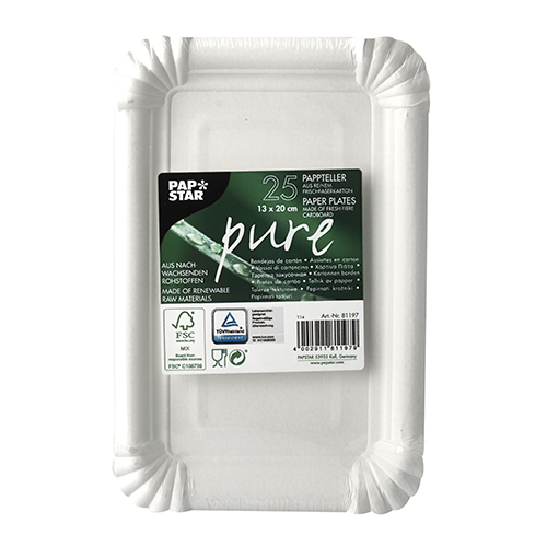 450 Teller, Pappe "pure" eckig 13 cm x 20 cm weiss 45000 Teller, Pappe "pure" eckig 13 cm x 20 cm weiss