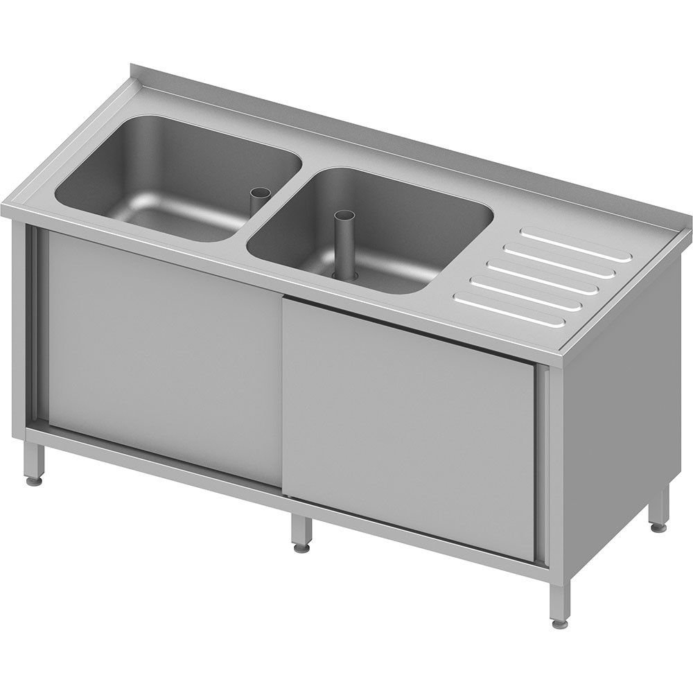 Spülschrank mit Schiebetüren, 1600x700x850 mm, mit zwei Becken links, mit Aufkantung, verschweißt Spülschrank mit Schiebetüren, 1700x700x850 mm, mit zwei Becken links, mit Aufkantung, verschweißt