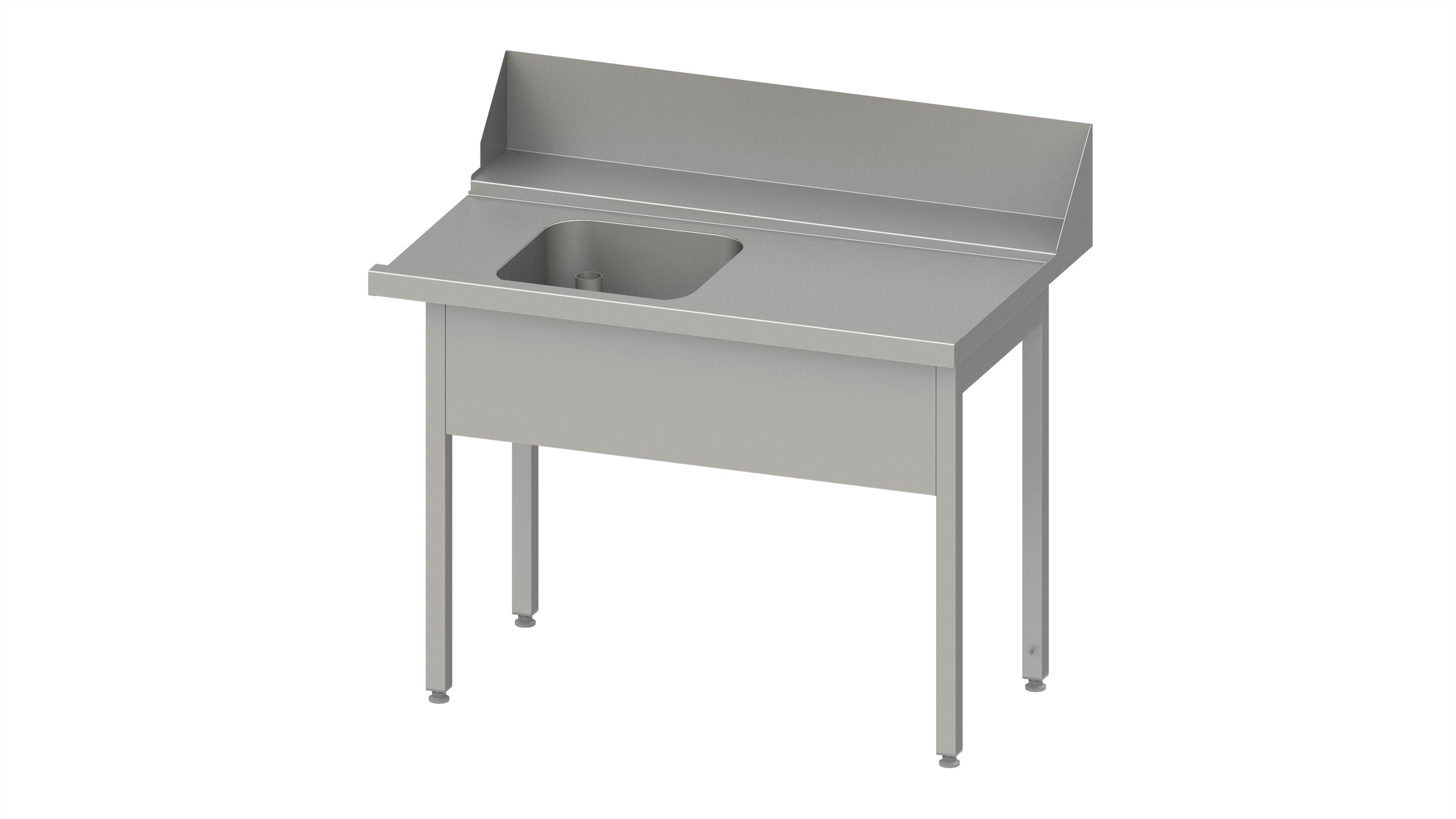 Zulauftisch "Pro", Korbführung mit Gefälle, ohne Grundboden mit einem Becken 1800x750x880 mm, Anbauseite rechts, mit Aufkantung 200 mm und Beckenblende, verschweißt