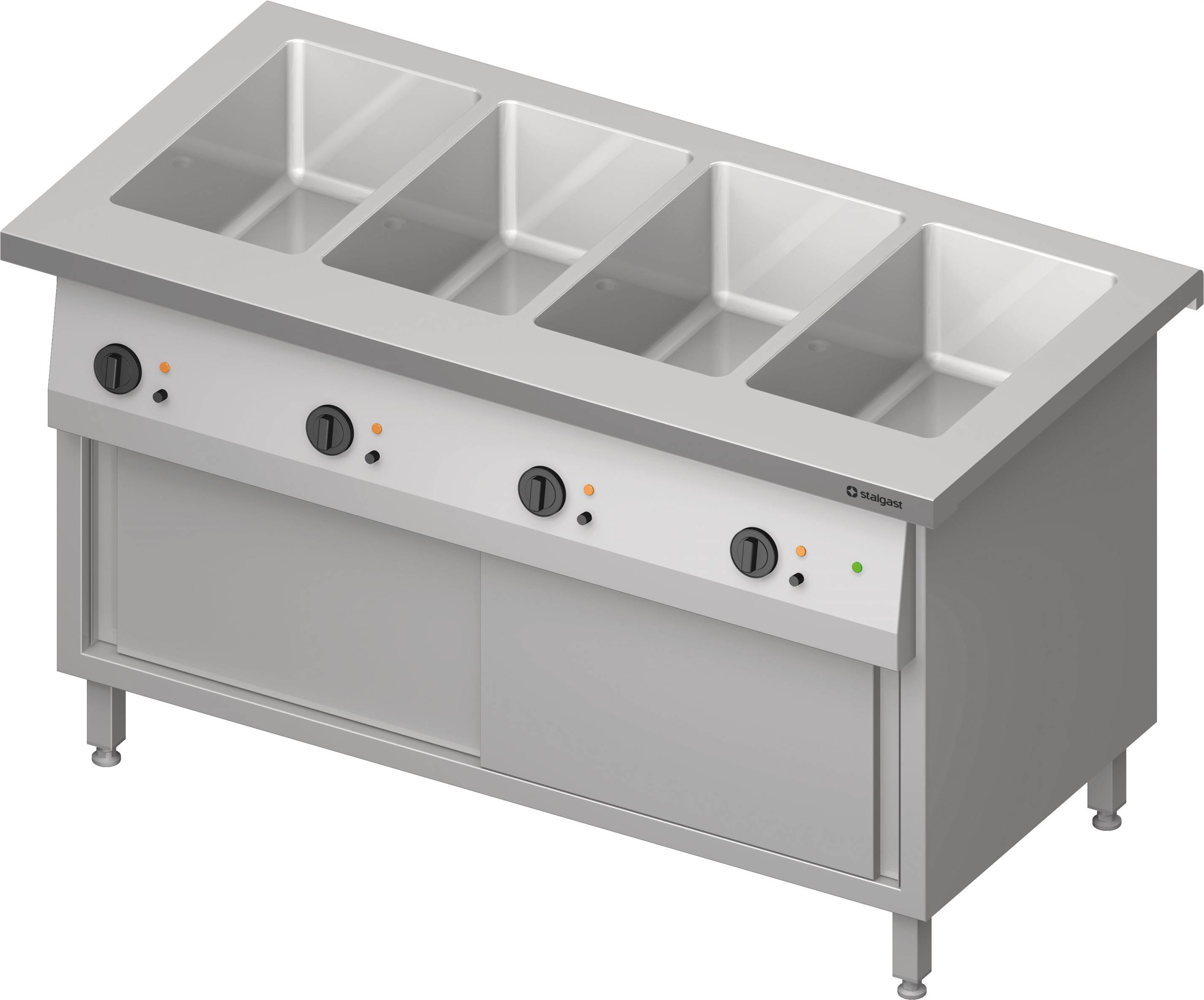 Bain-Marie-Station "Free Flow" 4x GN1/1-Becken, mit Schiebetüren, 1465x750x880 mm Edelstahlabdeckung Bain-Marie-Station "Free Flow" 4x GN1/1-Becken, mit Schiebetüren, 1465x735x880 mm Granitabdeckung "Standard G1"