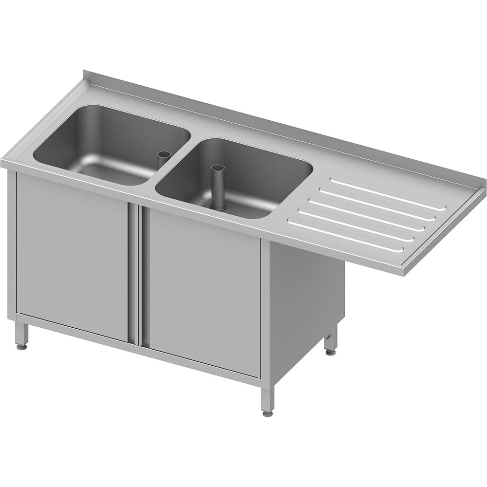 Spülschrank mit Flügeltüren und Überstand 1800x700x900 mm, mit zwei Becken links, mit Aufkantung, verschweißt