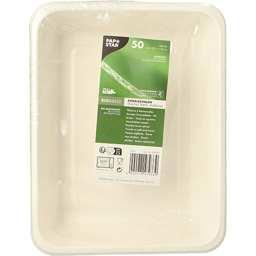5400 Siegelschalen Zuckerrohr, PLA beschichtet ungeteilt 1300 ml 4,9 cm x 22,7 cm x 17,8 cm
