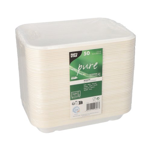 50 Schalen, Zuckerrohr "pure" ungeteilt 3 cm x 15,3 cm x 20,3 cm weiss 5400 Schalen, Zuckerrohr "pure" ungeteilt 3 cm x 15,3 cm x 20,3 cm weiss