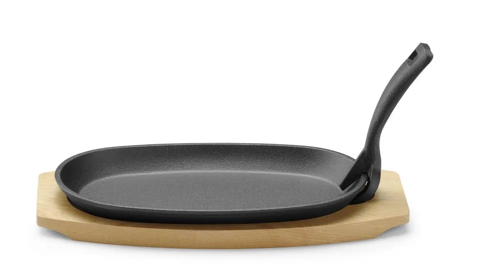 Gusseisenplatte mit Holzunterlage und Griff, Schwarz, 280x140x(H)30mm Gusseisenplatte mit Holzunterlage und Griff, Schwarz, 280x140x(H)30mm