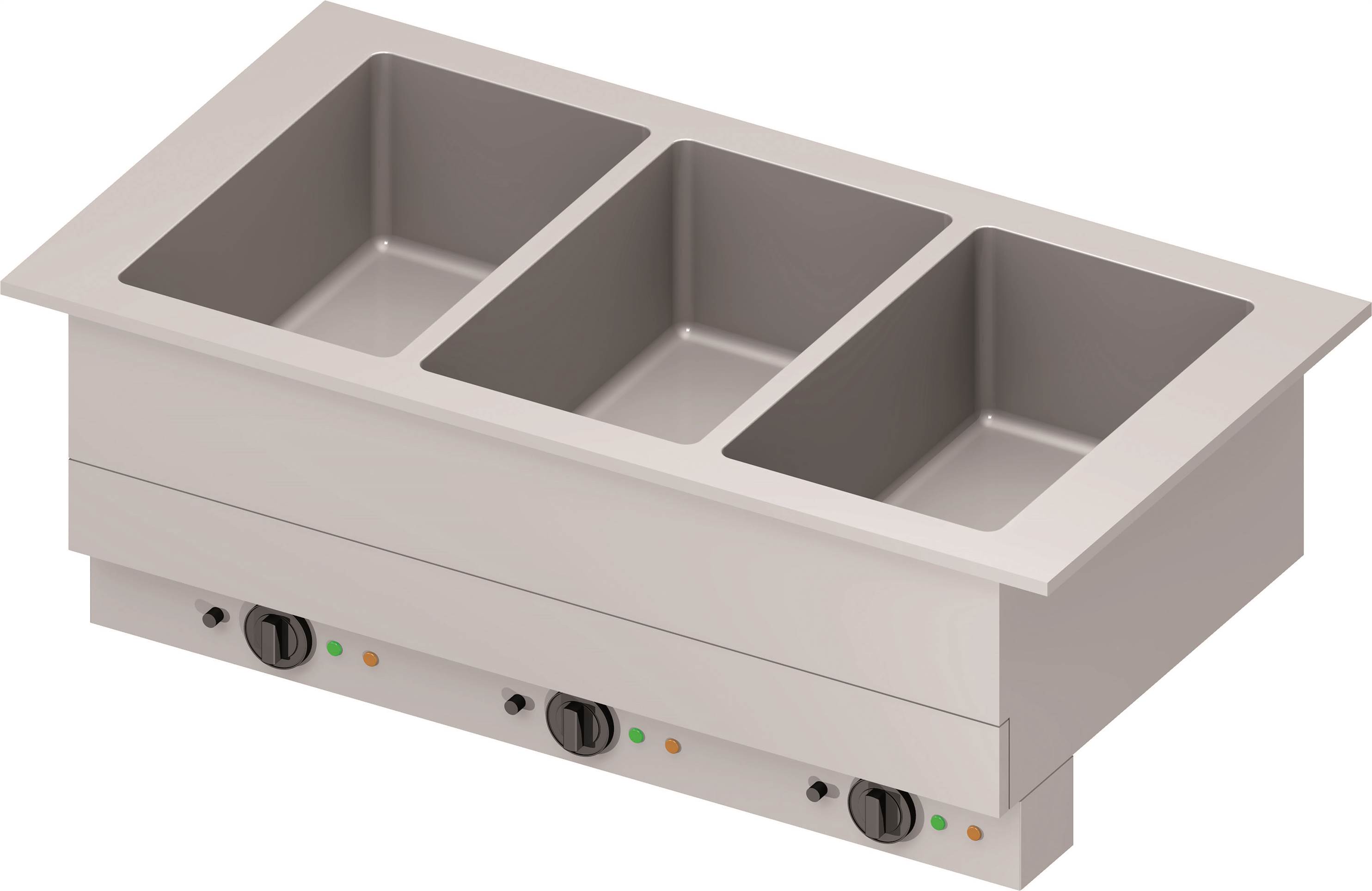 Bain-Marie "Drop-In" 3x GN1/1 Einzelbecken 1155x620x390 mm, Edelstahlabdeckung Bain-Marie "Drop-In" 3x GN1/1 Einzelbecken 1155x620x390 mm, Edelstahlabdeckung