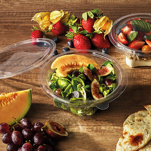 50 Feinkost- und Salatschalen mit Klappdeckel, R-PET rund 500 ml Ø 15,5 cm · 6,8 cm glasklar 2400 Feinkost- und Salatschalen mit Klappdeckel, R-PET rund 750 ml Ø 17,4 cm · 7,3 cm glasklar