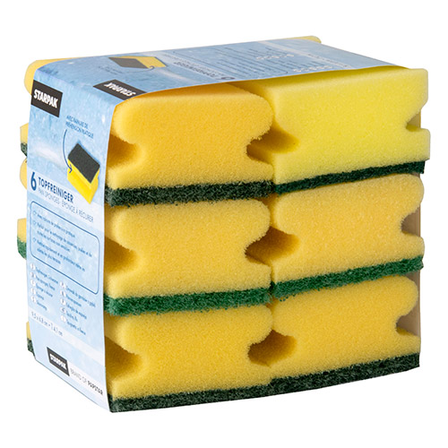 2592 Topfreiniger, Schwamm eckig 4,1 cm x 9,5 cm x 6,8 cm gelb/grün mit Griffrille, kratzend