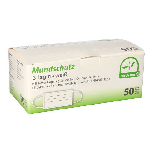 Medi-Inn® Mundschutz Type II 3-lagig 9 cm x 17,5 cm weiss mit Nasenbügel Medi-Inn® Mundschutz Type II 3-lagig 9 cm x 17,5 cm weiss mit Nasenbügel