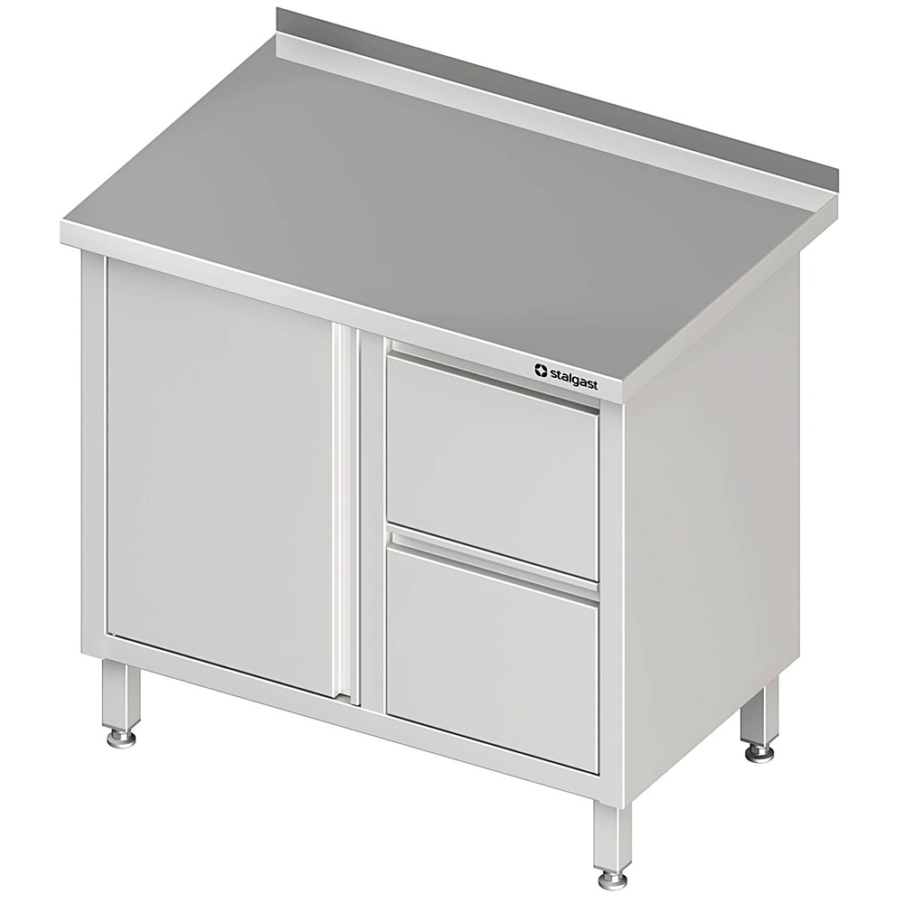 Arbeitsschrank mit Flügeltür, 800x600x850 mm, mit 2er Schubladenblock rechts, mit Aufkantung, verschweißt Arbeitsschrank mit Flügeltür, 1000x700x850 mm, mit 2er Schubladenblock rechts, mit Aufkantung, verschweißt