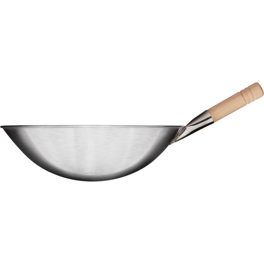 Wok-Pfanne, polierter Edelstahl, Grifflänge 185 mm Wok-Pfanne, Edelstahl gebürstet, 400x120 mm (ØxH)
