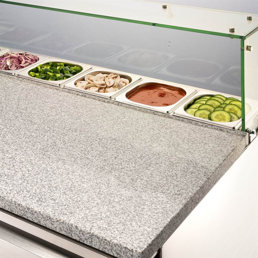 Starline Pizzatisch mit Kühlaufsatz und Glasabdeckung, 3-türig, 8x GN 1/6