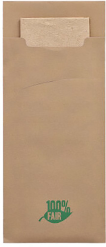 15600 Bestecktaschen 20 cm x 8,5 cm braun "100% Fair" inkl. naturfarbener Recycling-Serviette 33 x 33 cm 2-lag.