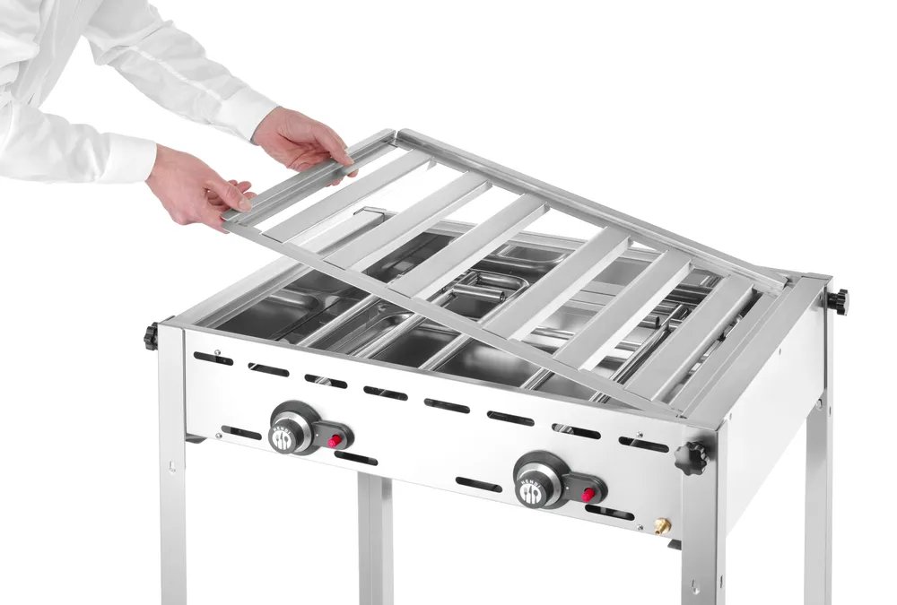 Grillsystem Green Fire mit 2 Brennern, Profi Line, Emaillierte Grillplatte und Grillrost aus Gusseisen GN 1/1, 11,6kW, 740x615x(H)825mm