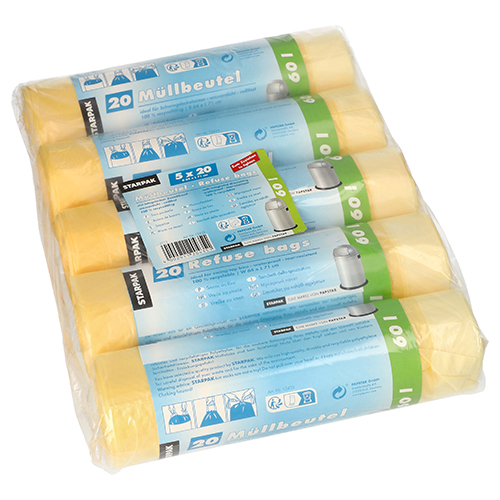 15000 Müllsäcke mit Zugband, HDPE 60 l 71 cm x 64 cm gelb