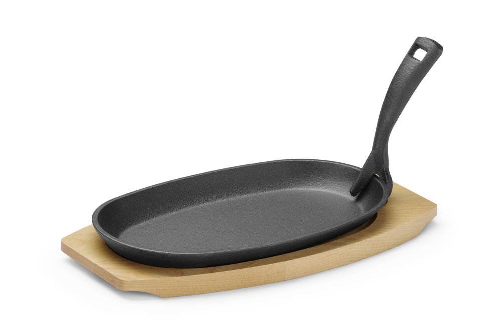 Gusseisenteller mit Holzunterlage und Greifzange, HENDI, Schwarz, 280x140x(H)30mm