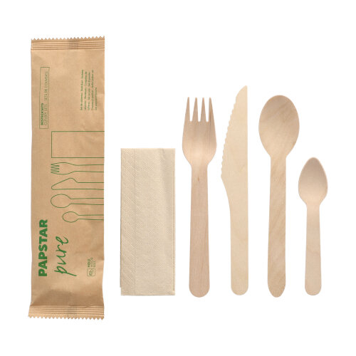 7000 Bestecksets Holz "pure" : Messer, Gabel, Löffel, Kaffeelöffel, Serviette in Papierbeutel