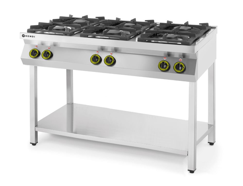 Gasherd - 6 Kochfelder, offener Unterbau, HENDI, Kitchen Line, 28,5kW, 1200x700x(H)900mm