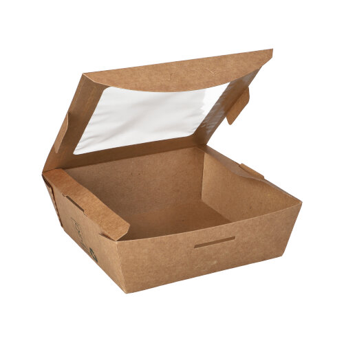 3240 Feinkostboxen, Pappe mit Sichtfenster aus PLA eckig 650 ml 4,5 cm x 12 cm x 12 cm braun "100% Fair"