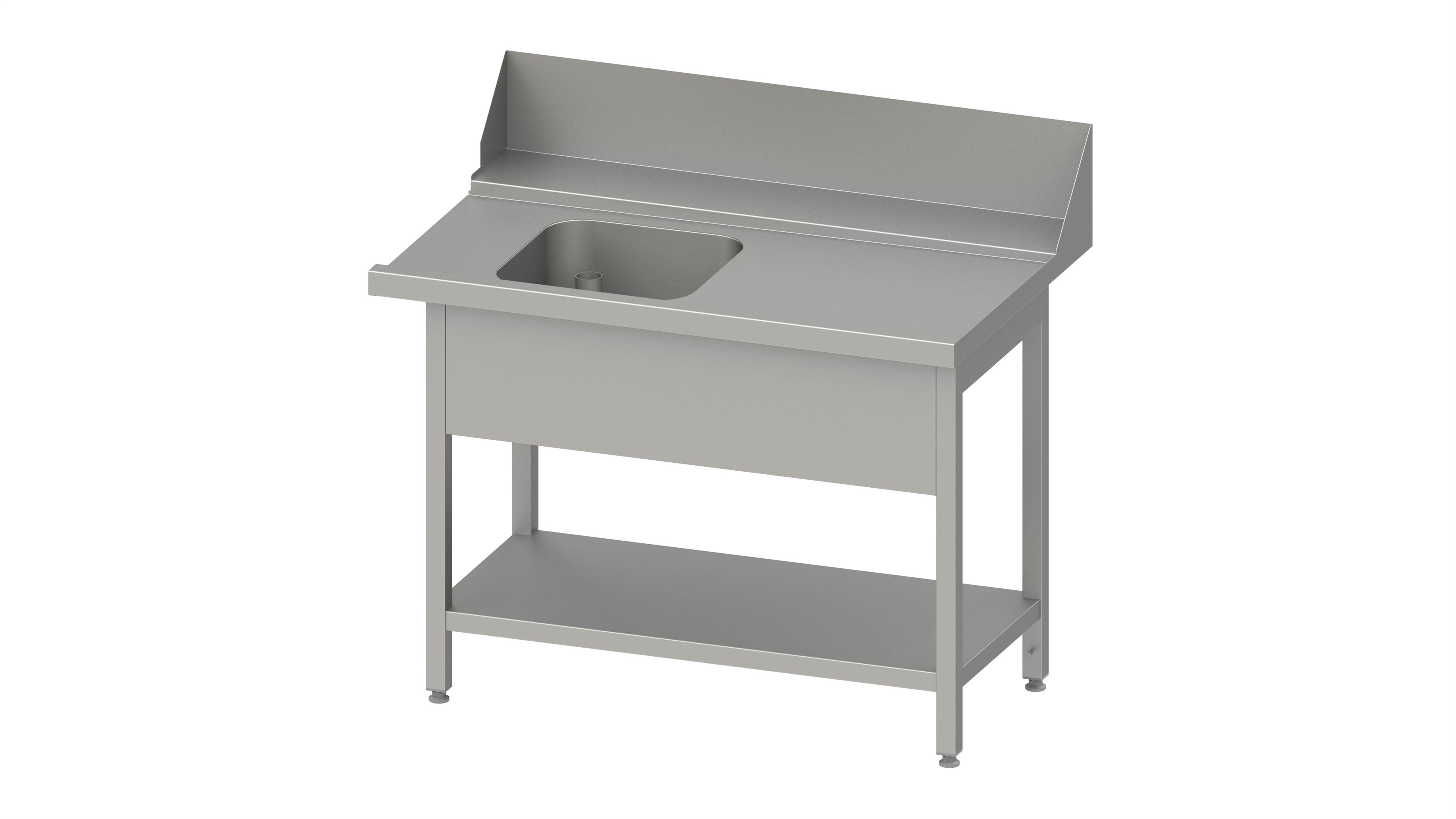 Zulauftisch "PRO", Korbführung mit Gefälle, mit Grundboden und einem Becken 1800x750x880 mm, Anbauseite rechts, mit Aufkantung 200 mm und Beckenblende, verschweißt