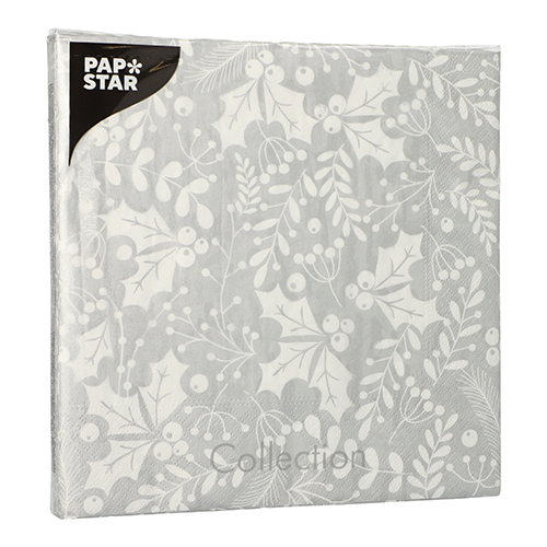 20 Servietten, 3-lagig 1/4-Falz 40 cm x 40 cm silber "Houx et Gui" 15000 Servietten, 3-lagig 1/4-Falz 40 cm x 40 cm silber "Houx et Gui"