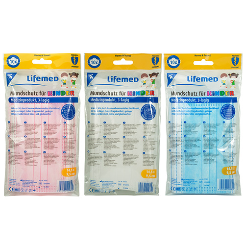 Lifemed Kinder-Mundschutz 3-lagig 9,5 cm x 14,5 cm farbig sortiert mit Nasenbügel