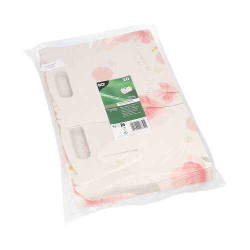 20 Gebäck-Kartons, Pappe eckig 20 cm x 13 cm x 9 cm rosé mit Tragegriff
