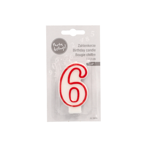 4320 Zahlenkerze 7,3 cm weiss "6" mit rotem Rand