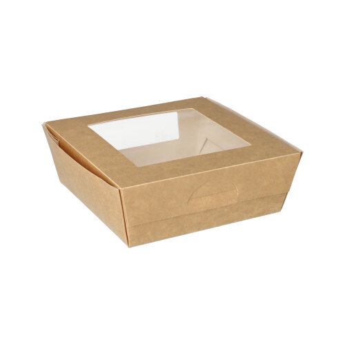 25 Feinkostboxen, Pappe mit Sichtfenster aus PLA eckig 750 ml 14 cm x 14 cm x 5 cm braun 2400 Feinkostboxen, Pappe mit Sichtfenster aus PLA eckig 750 ml 14 cm x 14 cm x 5 cm braun