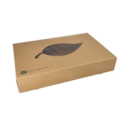 400 Transport- und Catering-Kartons, Pappe "pure" 8 cm x 46,4 cm x 31,3 cm braun "100% Fair" mit Sichtfenster aus PLA