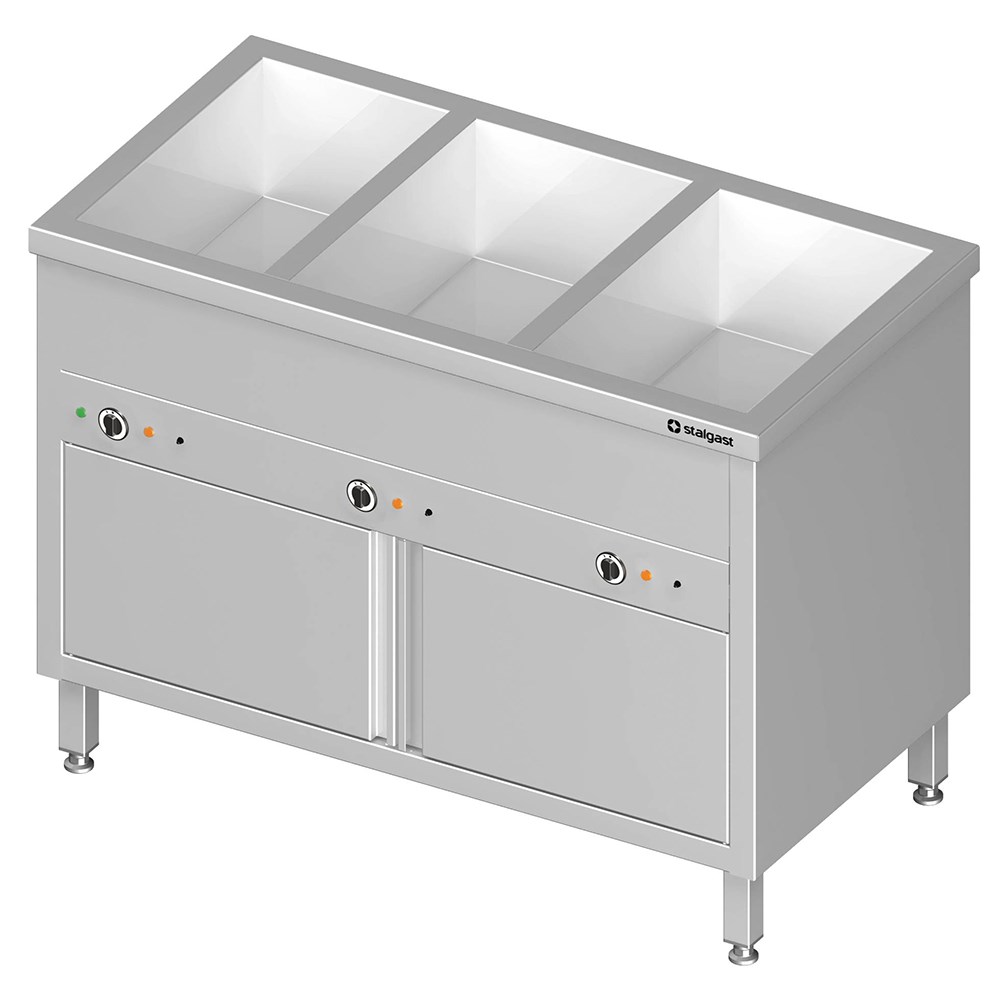 Bain-Marie Standgerät mit geschlossenem Unterbau und separaten Becken, für 2x GN1/760x600x850 mm Edelstahl Bain-Marie Standgerät mit geschlossenem Unterbau und separaten Becken, für 4x GN1/1410x600x850 mm