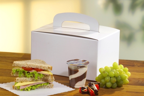 1200 Lunch-Boxen, Pappe "pure" eckig 12,5 cm x 15,5 cm x 22,5 cm weiss mit Tragegriff