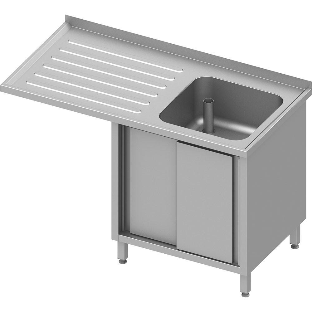 Spülschrank mit Schiebetüren und Überstand 1200x600x900 mm, mit einem Becken rechts, mit Aufkantung, verschweißt Spülschrank mit Schiebetüren und Überstand 1400x700x900 mm, mit einem Becken rechts, mit Aufkantung, verschweißt