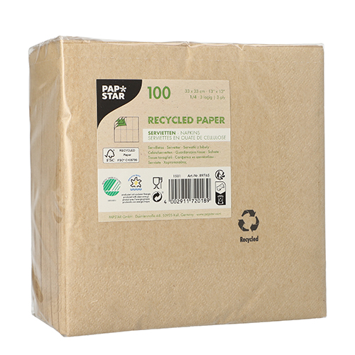 100 Servietten, 3-lagig 1/4-Falz 33 cm x 33 cm natur aus recyceltem Papier 25200 Servietten, 3-lagig 1/4-Falz 33 cm x 33 cm ! natur aus recyceltem Papier