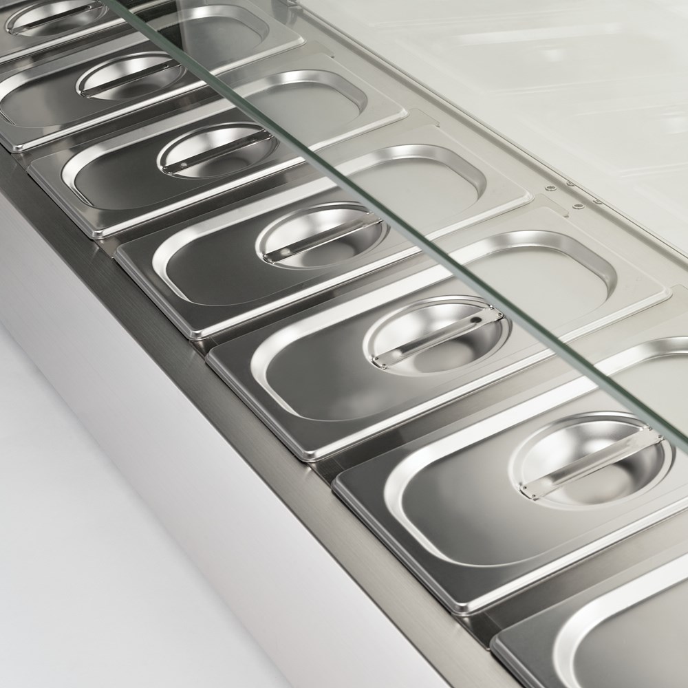 Starline Pizzakühlaufsatz mit Glasabdeckung, 8x GN1/4 STARLINE Kühlaufsatzvitrine, 9x GN 1/3, 2000x395x440 mm (BxTxH)