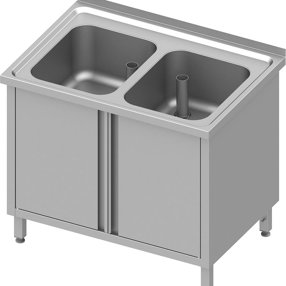 Spülschrank mit Flügeltüren 1000x600x850 mm, mit zwei Becken mit Aufkantung, verschweißt Spülschrank mit Flügeltüren 1000x700x850 mm, mit zwei Becken mit Aufkantung, verschweißt