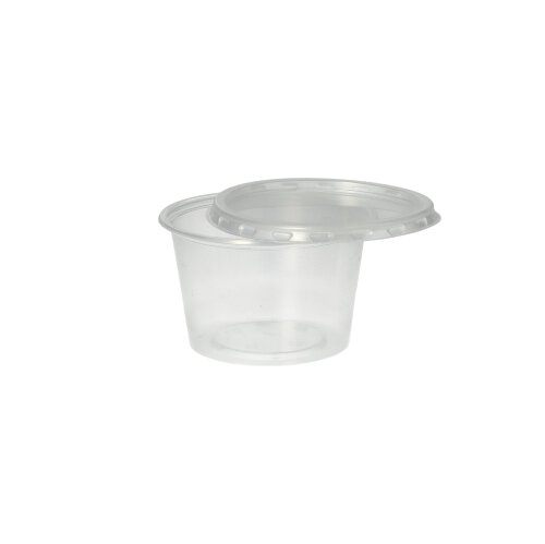 50 Deckel für Dressingbecher, PP rund Ø 7,1 cm · 0,5 cm transparent 36000 Dressingbecher, PP rund 100 ml Ø 7,1 cm · 4,3 cm transparent