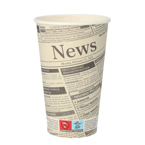 10000 Trinkbecher, Pappe "To Go" 0,4 l Ø 9 cm · 13,9 cm weiss "Newsprint"