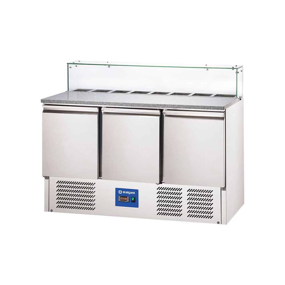 Starline Pizzatisch mit Kühlaufsatz und Glasabdeckung, 3-türig, 8x GN 1/6 Pizzatisch mit Glasabdeckung, 3-türig, GN 1/1, Aufnahme 8x GN 1/6, 1365x700x1090 mm (BxTxH)