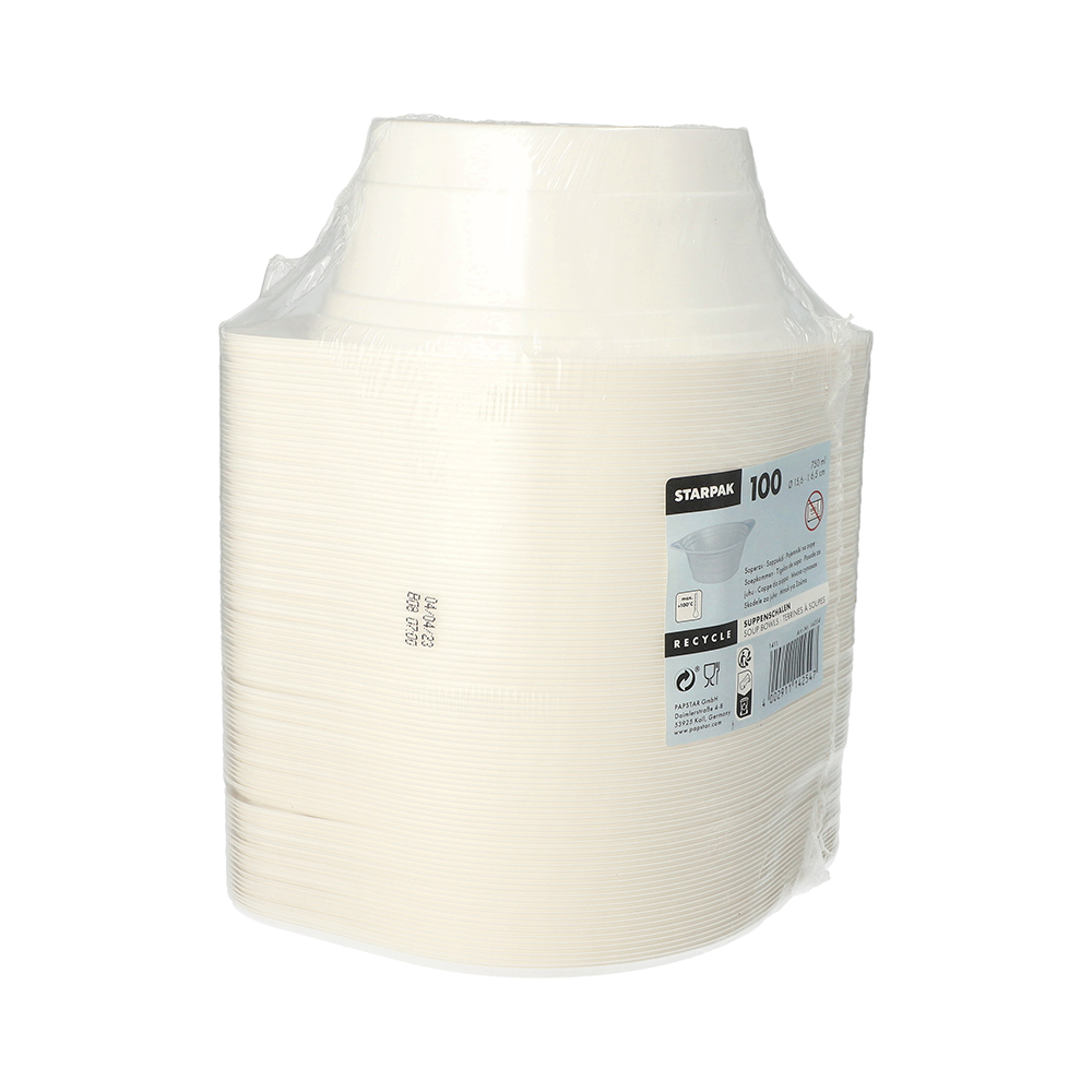 100 Suppenschalen, PP rund 750 ml Ø 15,6 cm · 6,5 cm weiss mit Anfasser 10800 Suppenschalen, PP rund 750 ml Ø 15,6 cm · 6,5 cm weiss mit Anfasser