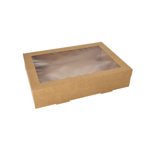 10 Transport- und Catering-Kartons, Pappe eckig 8 cm x 25,2 cm x 35,9 cm braun mit separatem Deckel und Sichtfenster aus PET 800 Transport- und Catering-Kartons, Pappe eckig 8 cm x 25,2 cm x 35,9 cm braun mit separatem Deckel und Sichtfenster aus PET