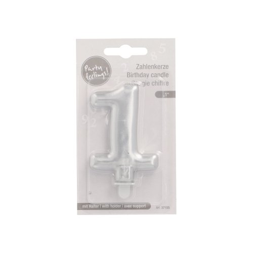 1 Zahlenkerze mit Halter 7 cm silber "1" 4320 Zahlenkerze mit Halter 7 cm silber "1"