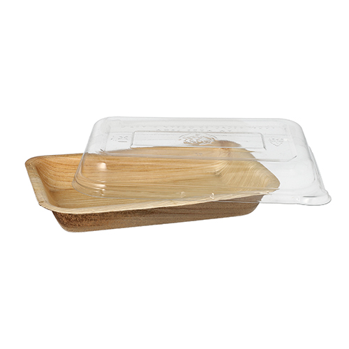 1500 Schalen, Palmblatt eckig 200 ml 4,8 cm x 12 cm x 18 cm mit rPET Deckel "Kombipack"