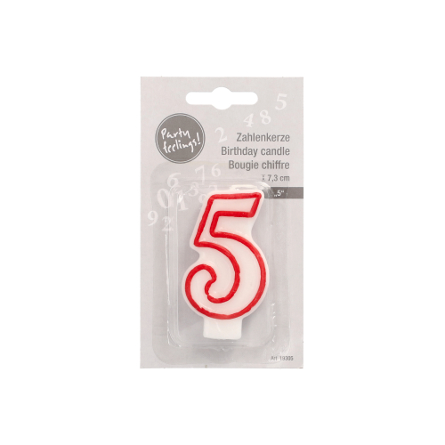 4320 Zahlenkerze 7,3 cm weiss "5" mit rotem Rand