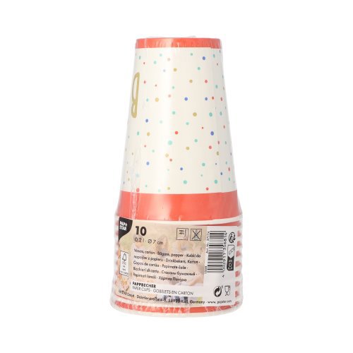 10 Trinkbecher, Pappe 0,2 l Ø 7 cm · 9,7 cm weiss "Happy Birthday" 10080 Trinkbecher, Pappe 0,2 l Ø 7 cm · 9,7 cm weiss "Happy Birthday"