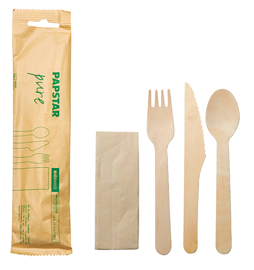 7200 Besteckset, Holz "pure" : Messer, Gabel, Löffel, Serviette in Papierbeutel