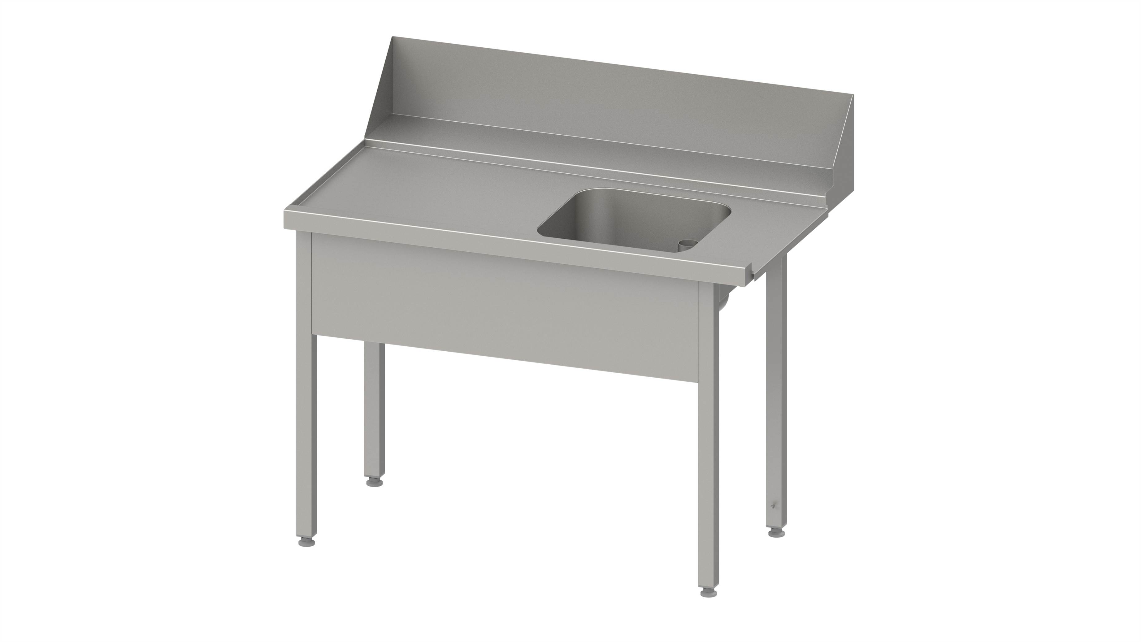 Zulauftisch "Pro", Korbführung mit Gefälle, ohne Grundboden mit einem Becken 1800x750x880 mm, Anbauseite links, mit Aufkantung 200 mm und Beckenblende, verschweißt