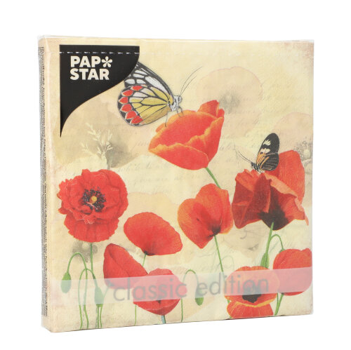 20 Servietten, 3-lagig 1/4-Falz 33 cm x 33 cm "Poppy Flowers" 22800 Servietten, 3-lagig 1/4-Falz 33 cm x 33 cm "Poppy Flowers"