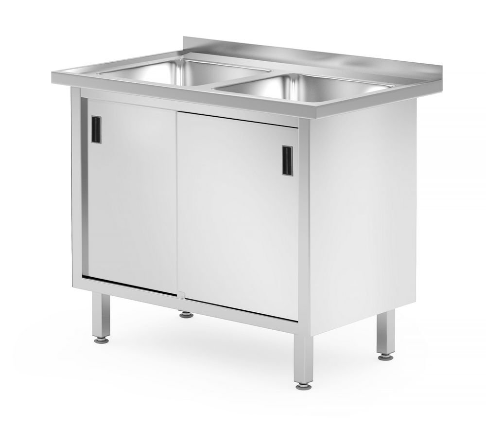 Tisch mit 2 Spülbecken, Schrank – verschweißt, mit Schiebetüren, HENDI, Profi Line, 1000x600x(H)850mm