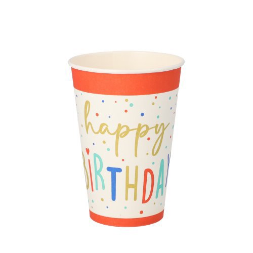 10 Trinkbecher, Pappe 0,2 l Ø 7 cm · 9,7 cm weiss "Happy Birthday" 10080 Trinkbecher, Pappe 0,2 l Ø 7 cm · 9,7 cm weiss "Happy Birthday"