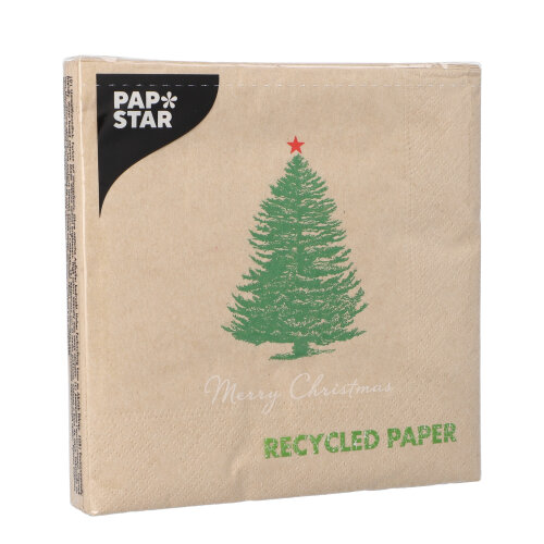 21600 Servietten, 3-lagig 1/4-Falz 33 cm x 33 cm ! natur "Christmastree with Star" aus recyceltem Papier
